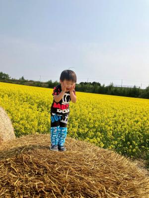 菜の花畑で、ヤッホー